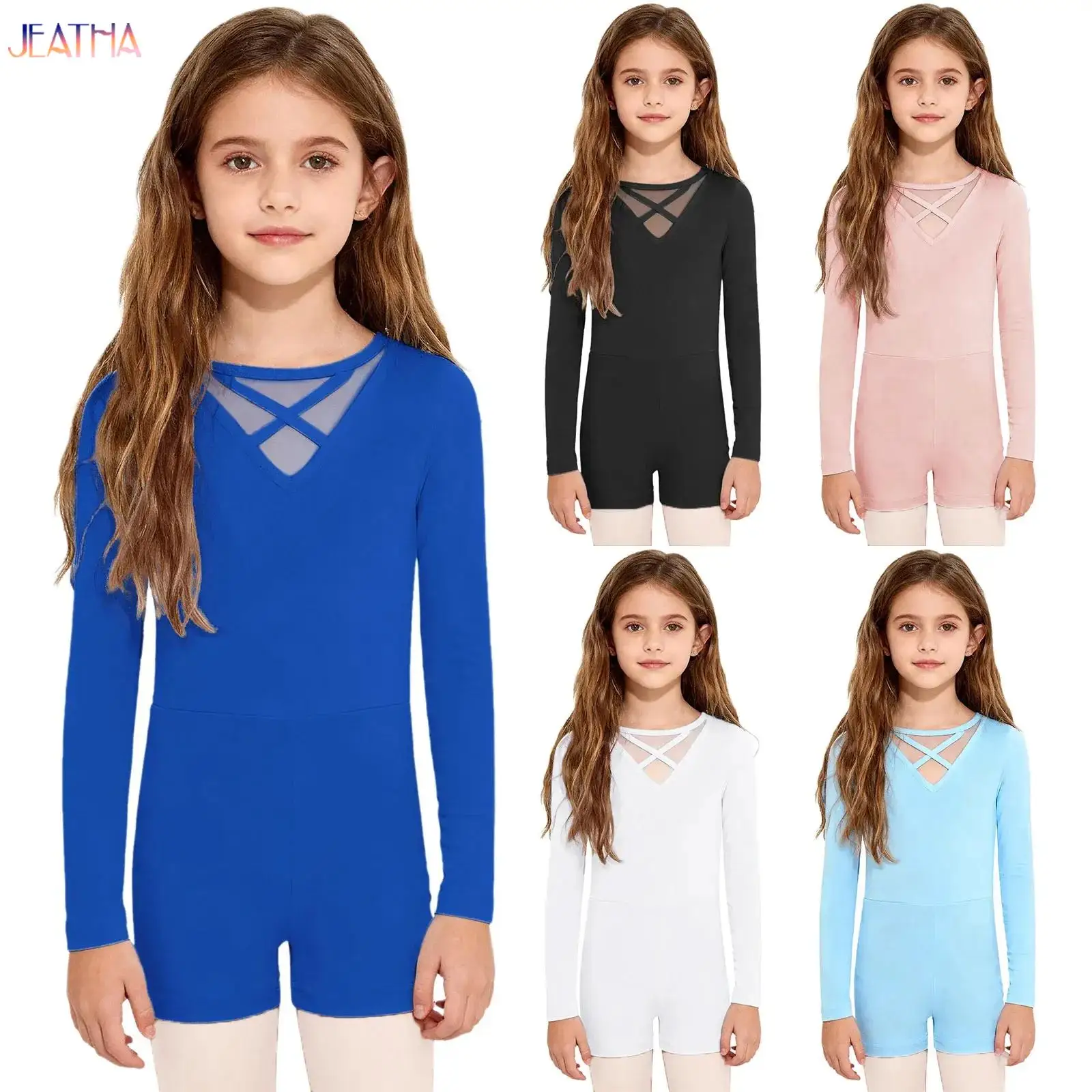 

Child Girls Gymnastics Biketard Cross Front Back Jumpsuit Kids Long Sleeves Leotard Shorty Unitards Ballet Yoga Dancewear