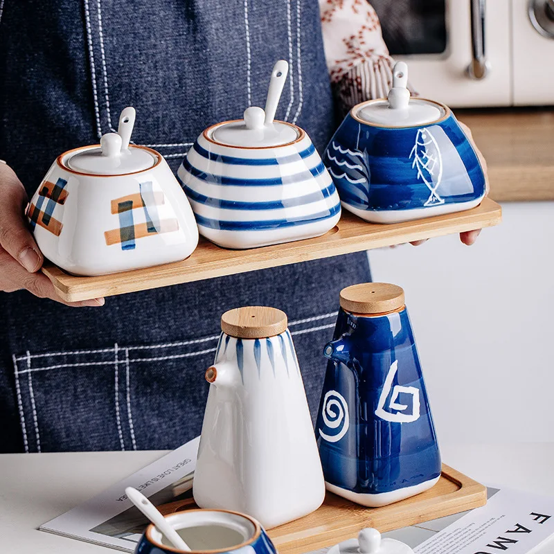 Ceramic Spice Jar,  Sugar Salt Container , Condiment Pots Set, Hand-Painted Seasoning Jar with Porcelain Lids.For Home Kitchen.