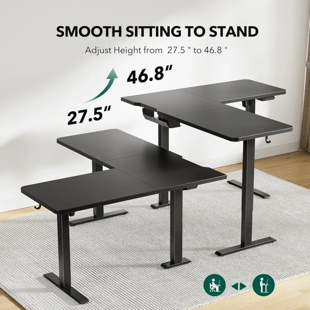 Escritorio de pie en forma de L, escritorio de pie esquinero de 63" con altura ajustable eléctrica, escritorio ajustable en forma de L con tablero de empalme