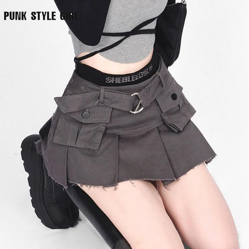 Y2K High Waist Rock Mini Skirts Women Summer Fashion Patchwork Casual Cargo Skirt Female Streetwear Multi Pocket Punk Skirts 90s