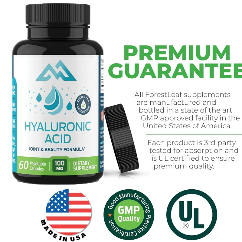 Hyaluronic acid supplement, 60capsules,vegetable capsules,50mg vitamin C,joint support,skin moisturizing, joint, bone, and hair