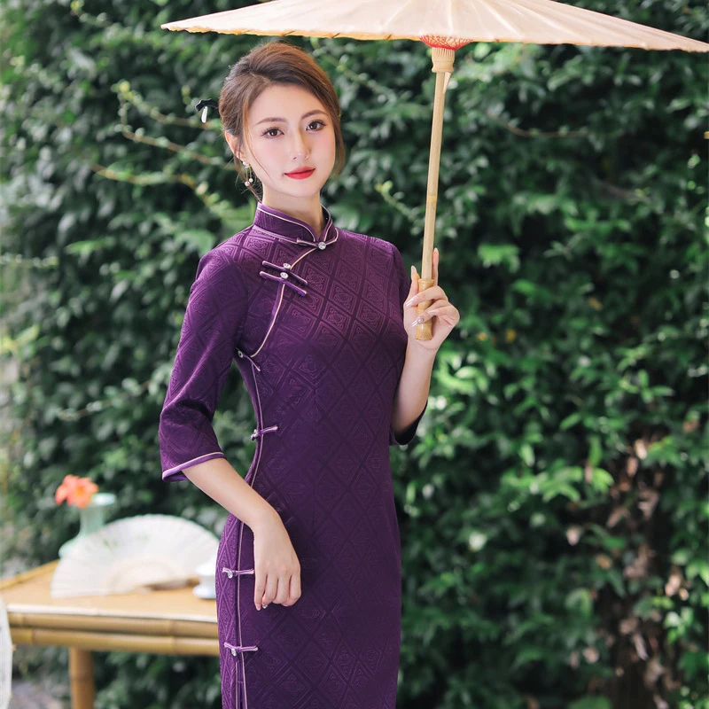 Autumn Winter Champagne Vintage Ethnic Style Wedding Mother Banquet Qipao Women's Long Tight Mandarin Collar Elegant Vestidos