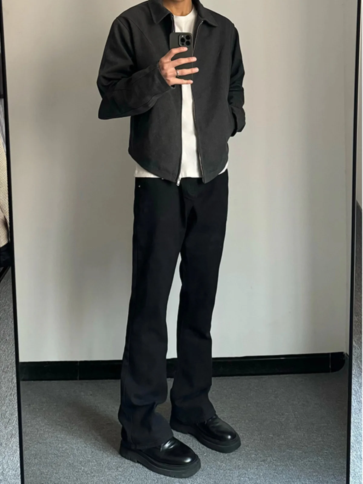 

Pure Black Straight Leg Men's Jeans Spring Autumn Style Trendy Handsome Slimming Flared Pants Cotton Polyester Blend