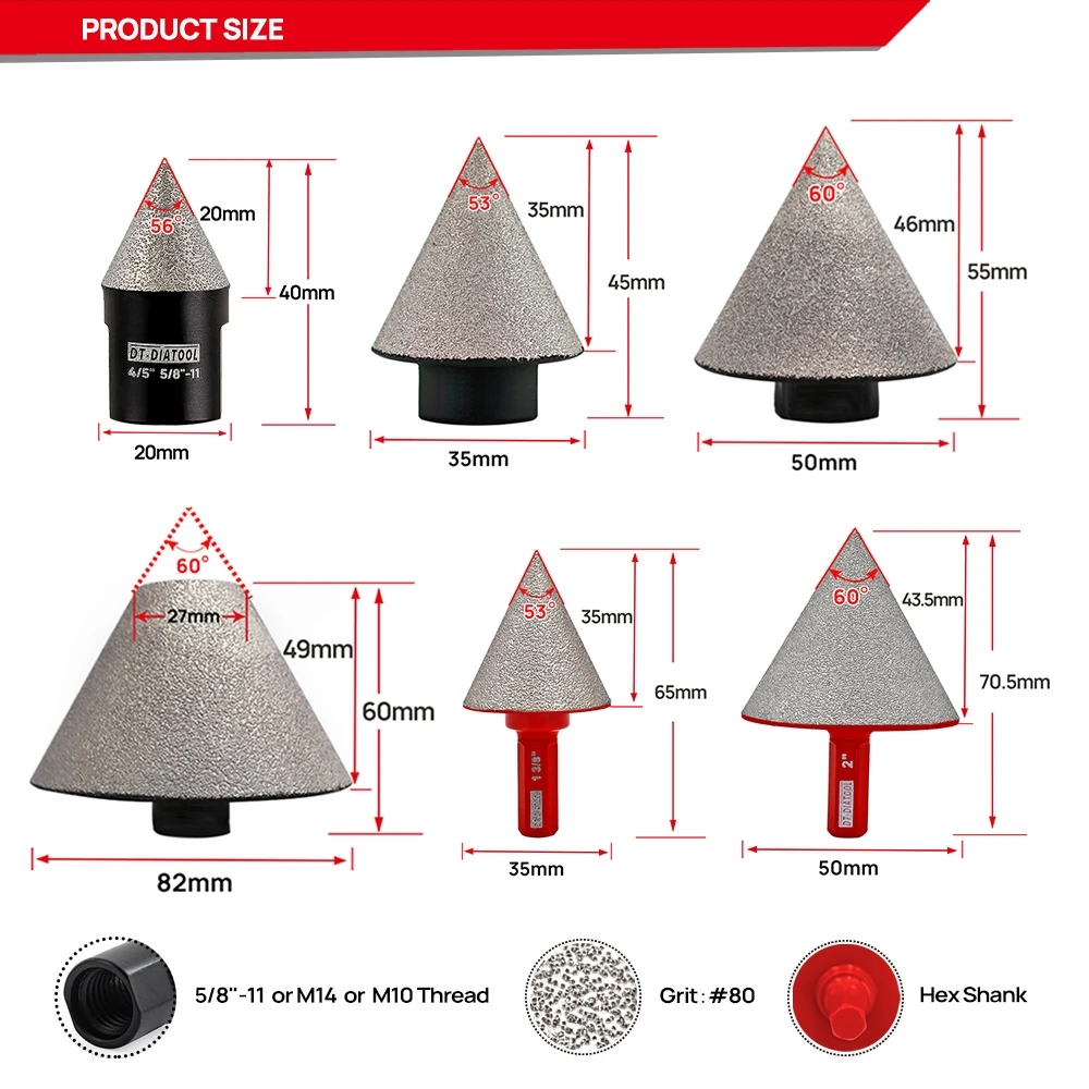 DT-DIATOOL Diamond Chamfer Finger Bit 5/8-11 M14 M10 Thread Enlarge Shape Round Bevel Trimming Existing Hole Tile Ceramic Marble