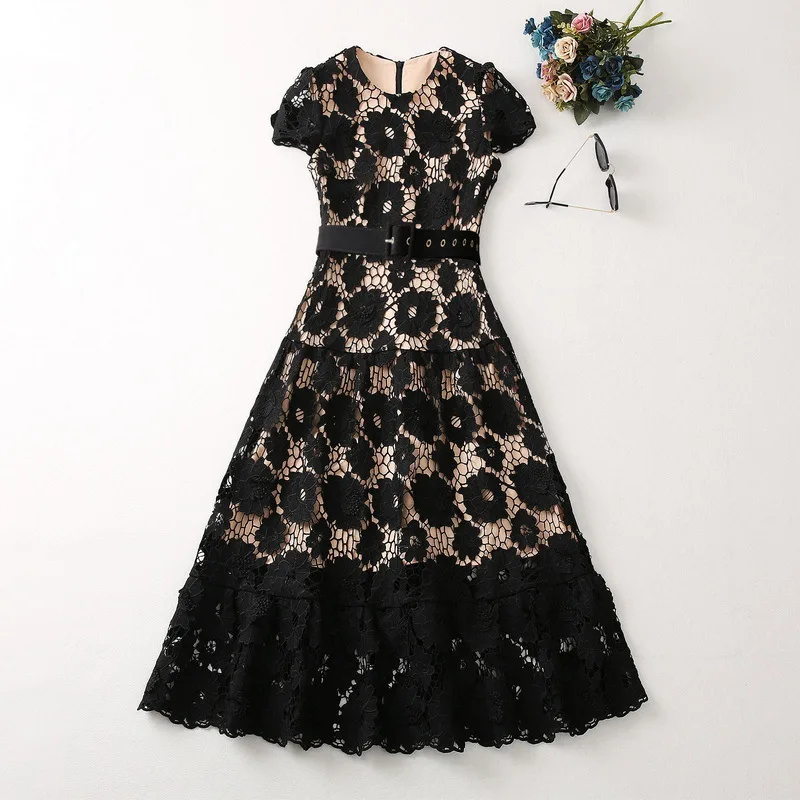 

European and American women's clothes 2023 spring new Round neck Short sleeve hollowed out water soluble flower Fashion Dress