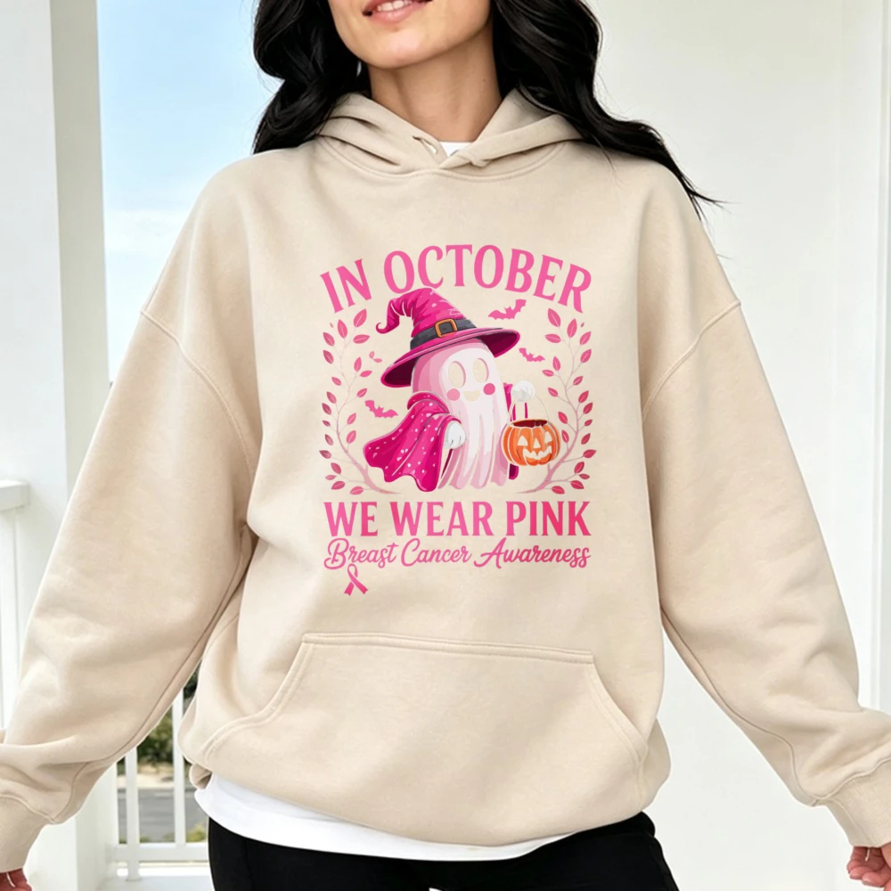 In October We Wear Pink Ghost Sweatshirt Breast Cancer Awareness Haloween Pullover Breast Cancer Awareness Family Support Hoodie