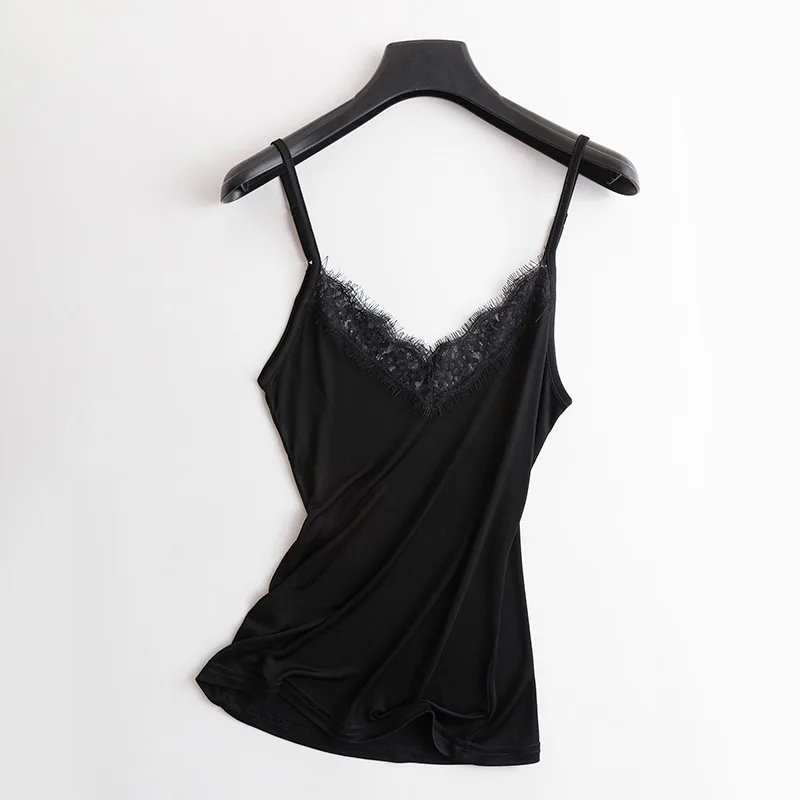 1pc 50% Silk 50% Viscose  V neck Lace Camisole Top Vest Shirt Sleepwear Spaghetti Strap M-2XL TA005