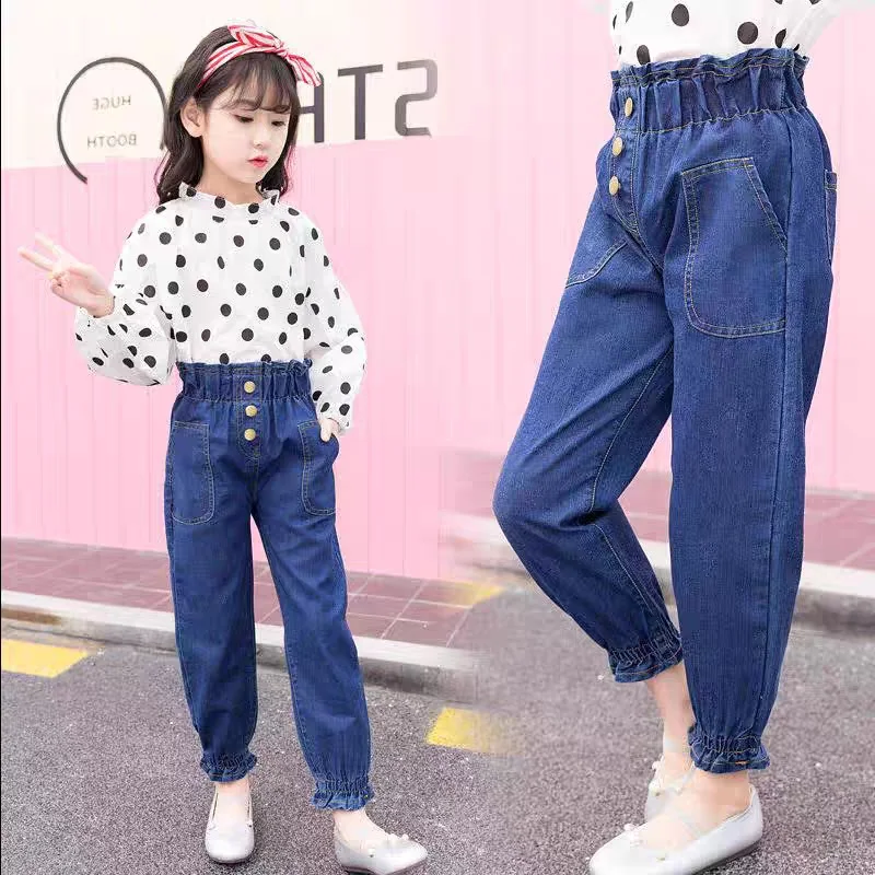 

High Waist Jeans Girl Slim Straight Pants Spring and Autumn Solid Color Sweet Jeans Fashion Kids Denim Trousers