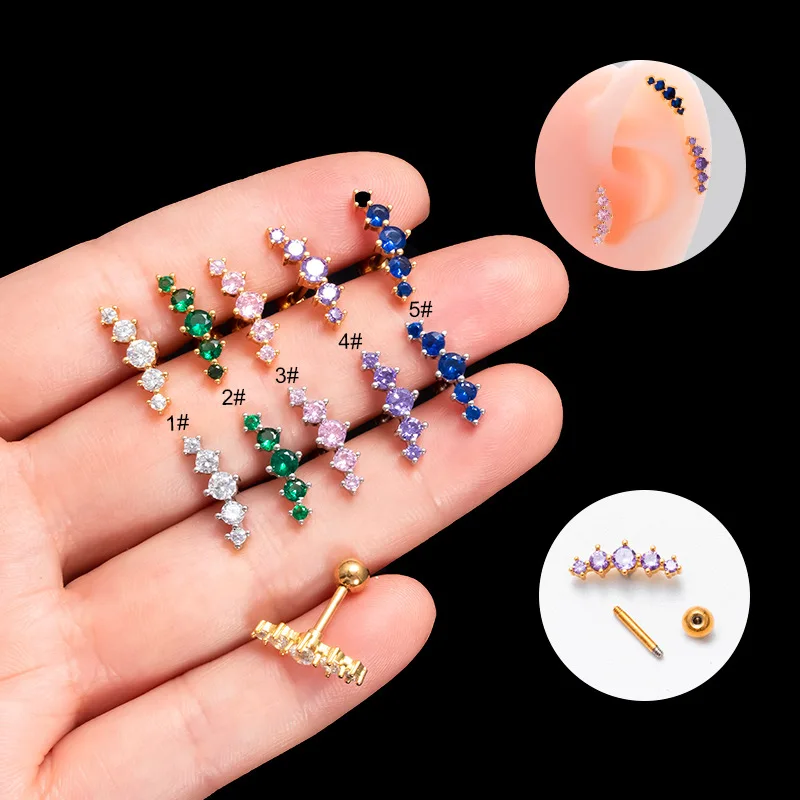 

1PC Multicolor Zircon Long Stud Earrings Piercing Jewelry for Women 20G Stainless Steel Trend Cartilage Piercing Stud Earrings