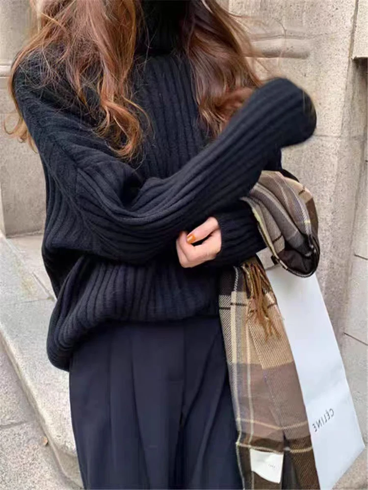Pull en laine Pure à col haut pour femme, manches longues, couleur unie, tricoté, décontracté, Chic, Style de rue, hiver