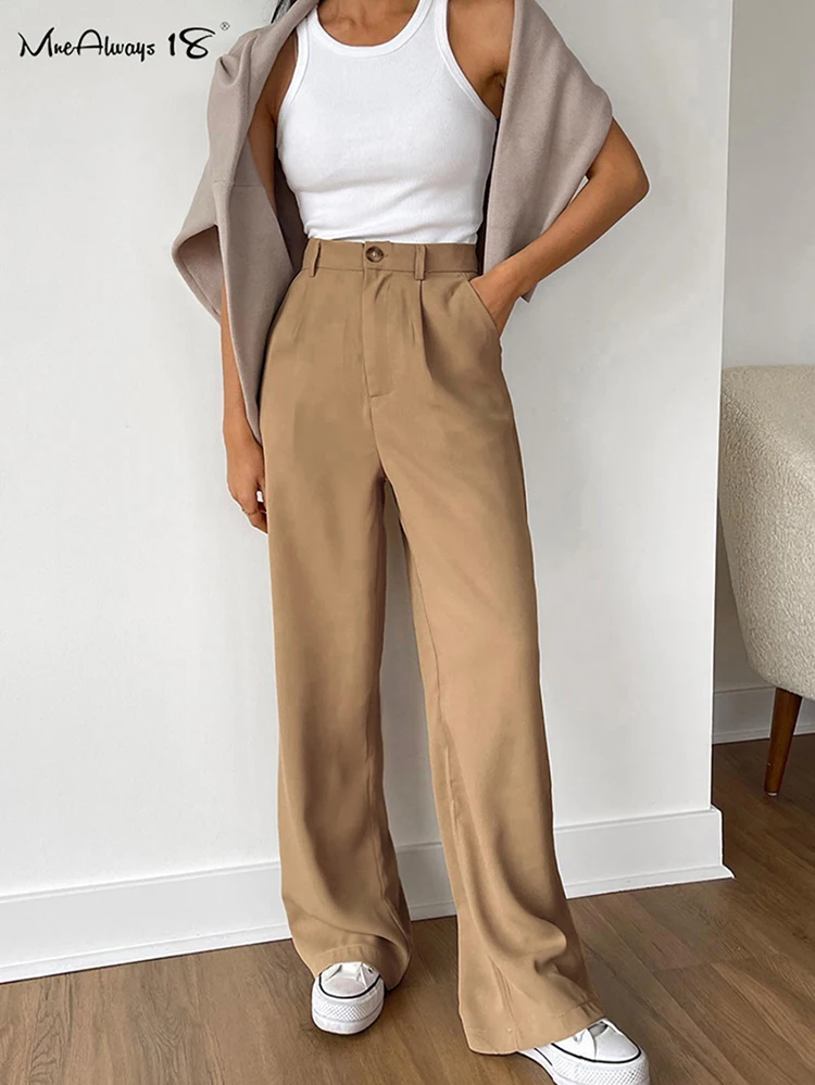 Mnealways18 Vintage Green High Waist Trousers Women Office Ladies Pleated Casual Straight Pants Double Pockets Floor-Length Pant