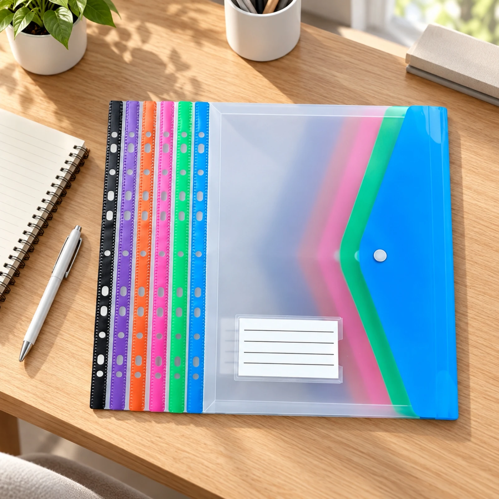 6 Pieces A4 Document File Pocket Portable PP Plastic Document Pocket with Snap Closure Folder Heavy-Duty Slim for Office Filing