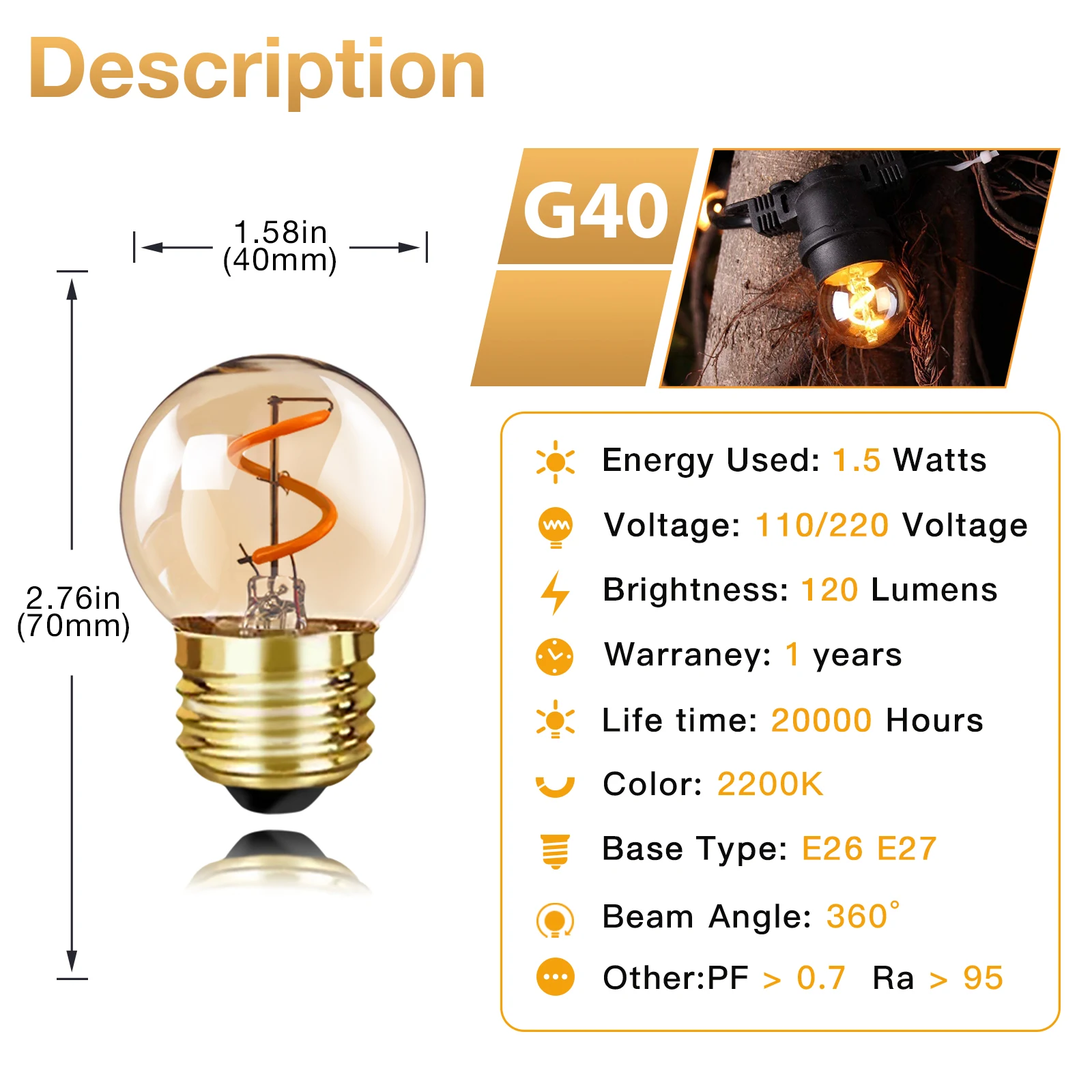 Sphoon G40 LED Spiral Filament Mini Globe Bulbs 1.5W E27 Screw Base Dimmable Home Patio Decorate String Light Replacement Bulb