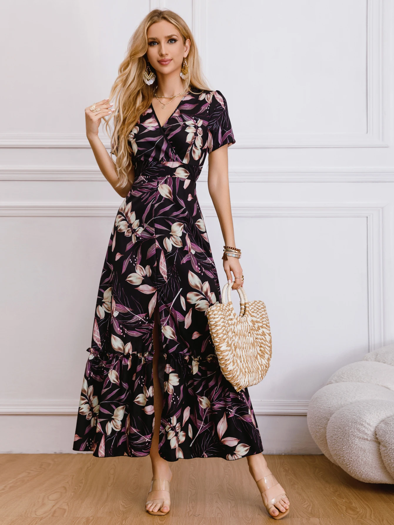 New Summer Split Long Dress For Women Fashion Floral Print V-neck Short Sleeve Elegant Ladies Dresses