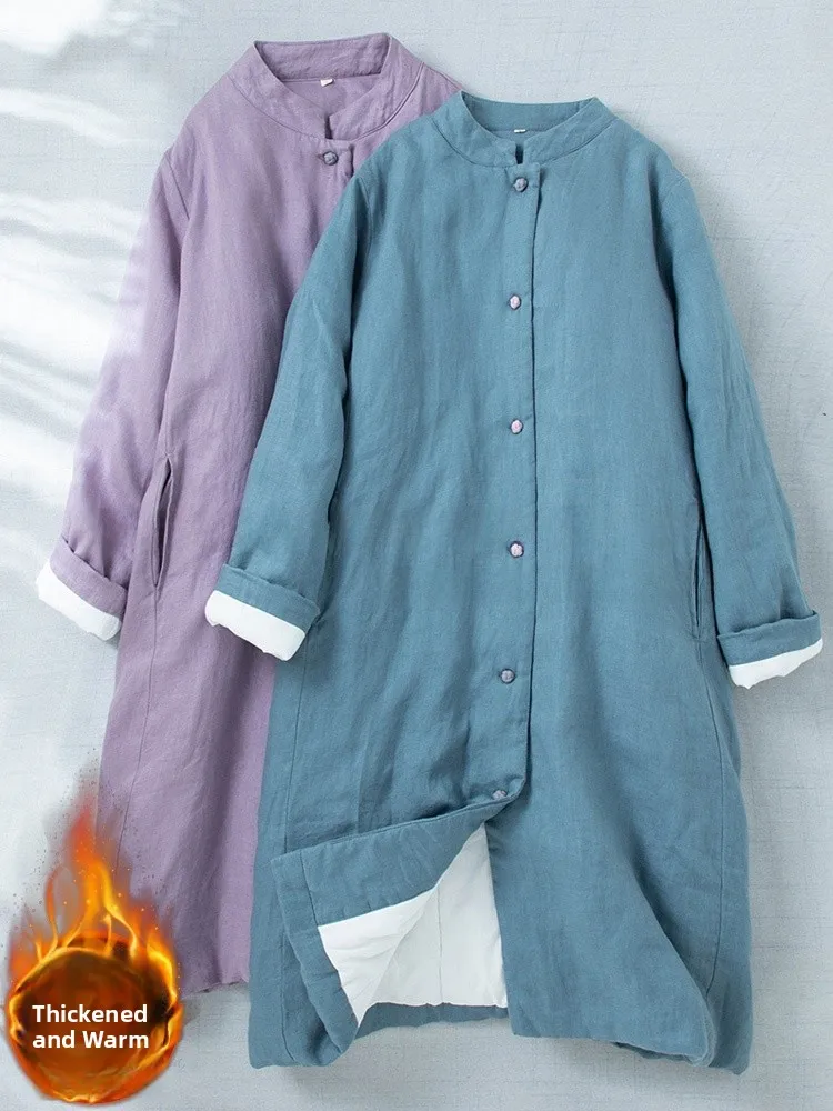 

Легкая хлопково-льняная куртка с китайским воротником-стойкой средней длины, теплая хлопково-льняная верхняя одежда с наполнителем для женщин