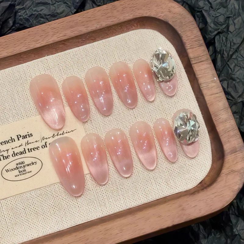 10Pcs Pink Leopard Print Press on Nails French Almond Fake Nails Stars Bowknot Diamond False Nails Cat Eye Gradient Acrylic Nail