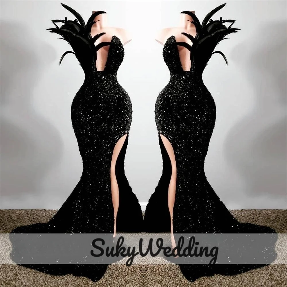 

African Mermaid Black Feather Sequined Prom Dresses Birthday Party Gowns High Split Women Formal Evening Occasion Dress