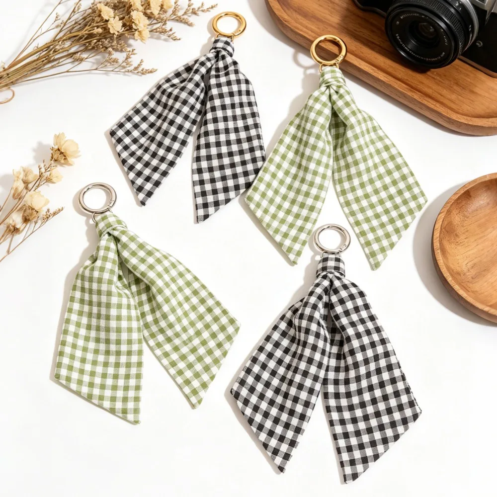 Gingham Plaid Ribbon Keyring Checkered Fabric Scarf Bag Charm Cute Handbag Backpack Decor Accessory Fashion Car Key Pendant Gift