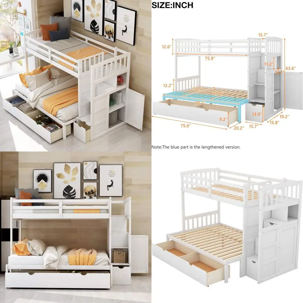 

Twin Over Full Bunk Bed - 3 Drawers, 4 Storage Spaces, Cabinet Door, Convertible Bottom