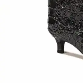 Black Croc Embossed Slouch Knee High Boots Women Pointed Toe Kitten Heel Glossy Crocodile Pattern Foldable Shaft Retro Boots