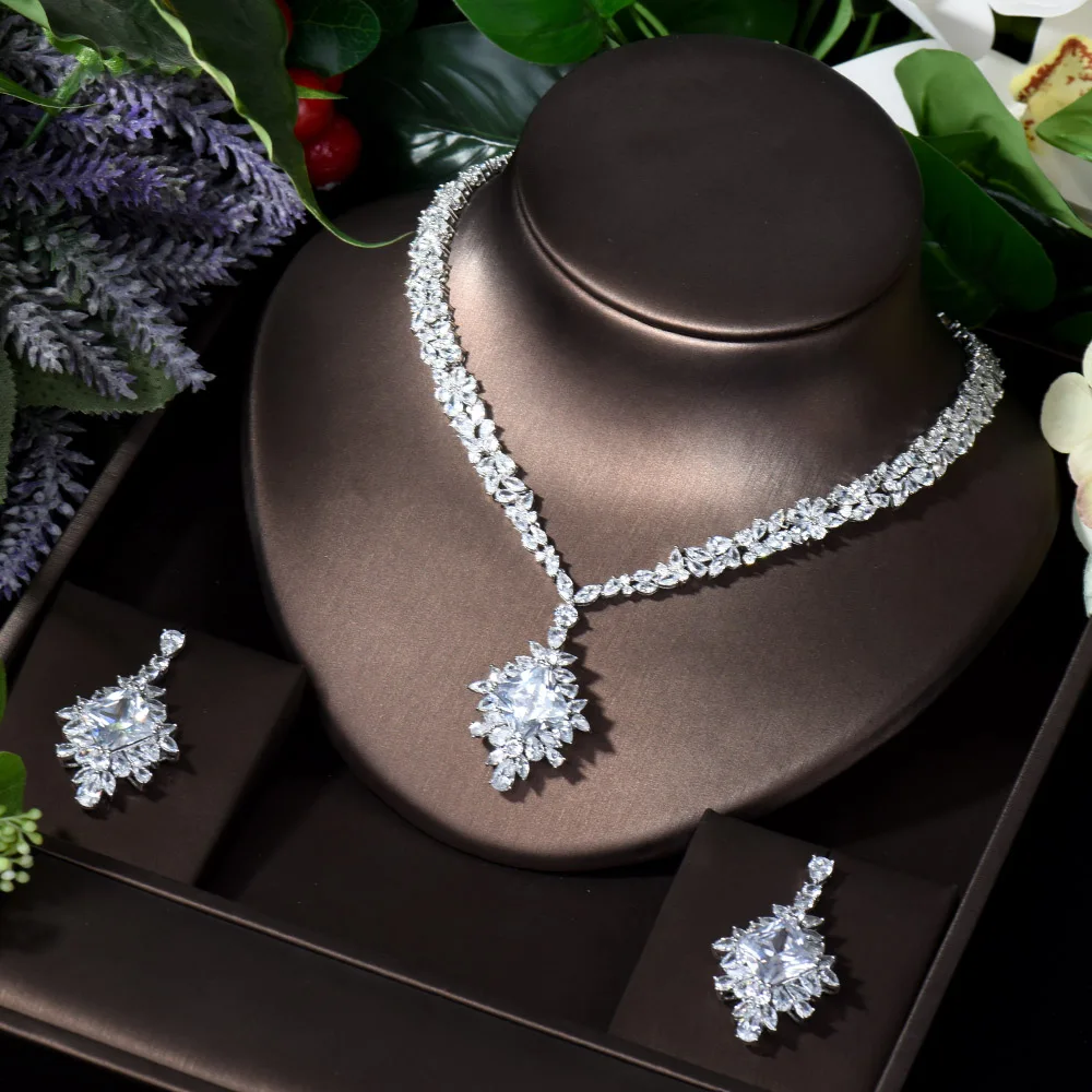 HIBRIDE Five Color Cubic Zirconia 2pcs Necklace Pendants Earring Sets Dubai Nigeria Wedding Jewelry Sets bijoux femme N-1723