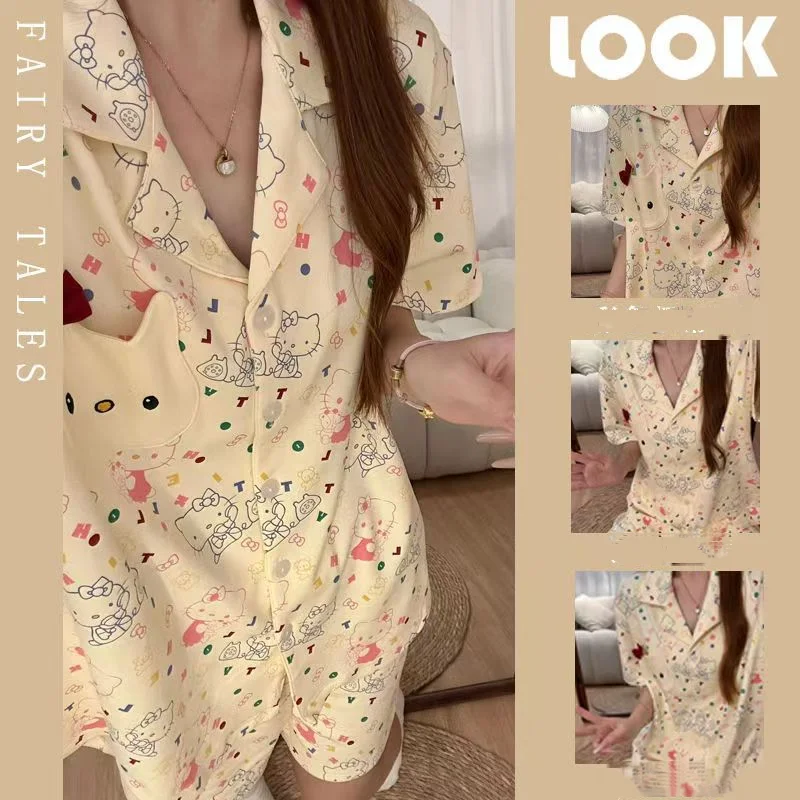 

Cute Hello Kitty Pajamas Set Women Summer Comfortable Short Sleeved Short Home Wear Student Girls Cartoon Nightshirt 2Pcs﻿