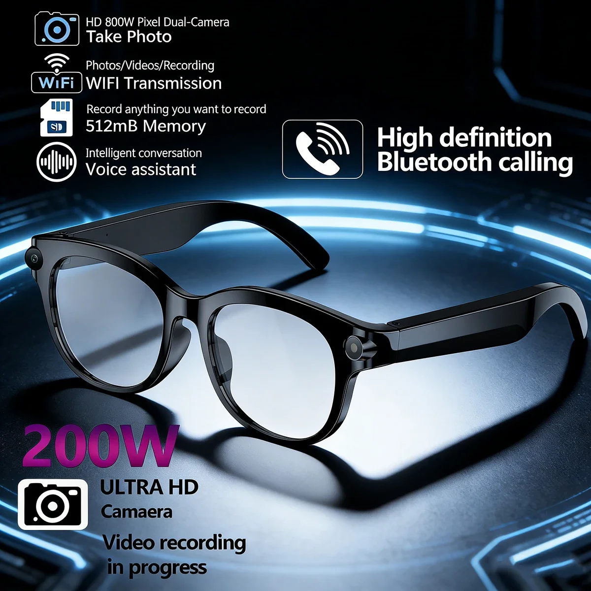 

Умные солнцезащитные очки с HD-камерой, распознаванием фото по AI, записью видео, аккумулятором 290 мАч и памятью 512 МБ для мужчин и женщин