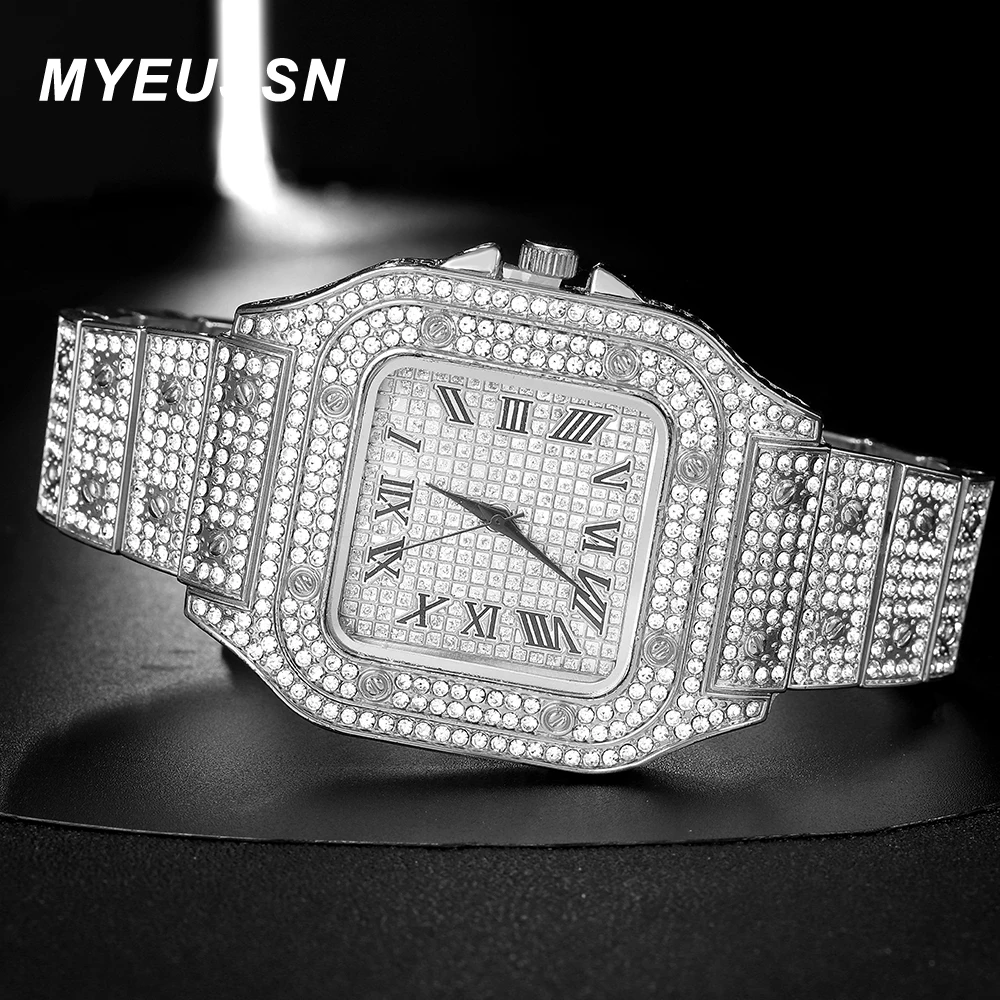 New Punk Men Watch Iced Out Diamond Sparkling Quartz Watches Fashion Hip Hop Classic Silver Color Watch Jewelry Men Women Gift