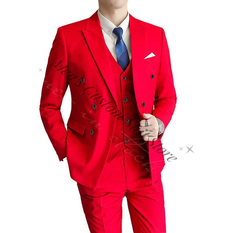 Red White Men's Suits Slim Fit Business Solid Color High Quality Three Pieces Set Formal Wedding Coat Vest Pants Blazer Jakcet