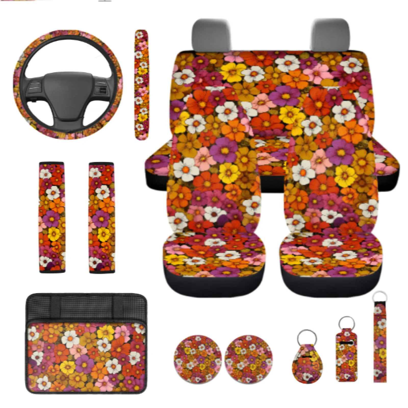 Coloranimal Floral Pattern 13 PCS Car Seat Cover Set with Comfortable Coasters and Key Chain for Interior