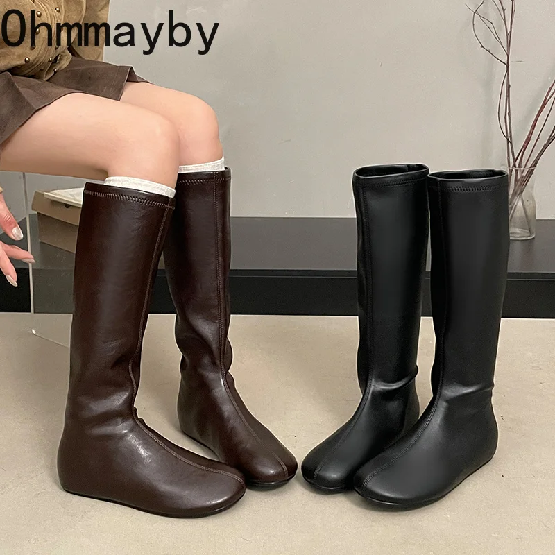 Round Toe Hidden Wedge Women Knee High Boots Soft Pu Leather Stretch Slim Shoes Spring Autumn Women Mordern Long Booties