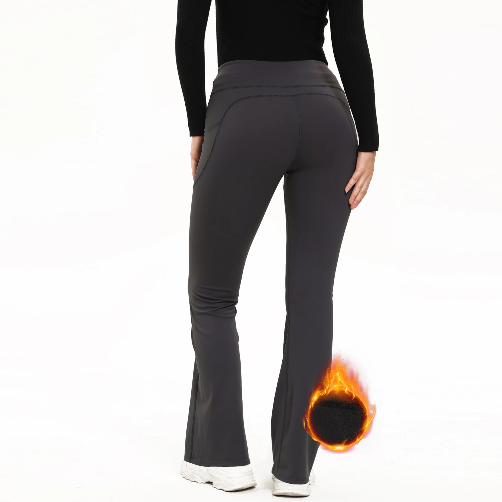 Women's Fleece Lined Flared Yoga Pants, High Waisted Tummy Control Butt Lifting with Side Pockets for Workout Running & Winter