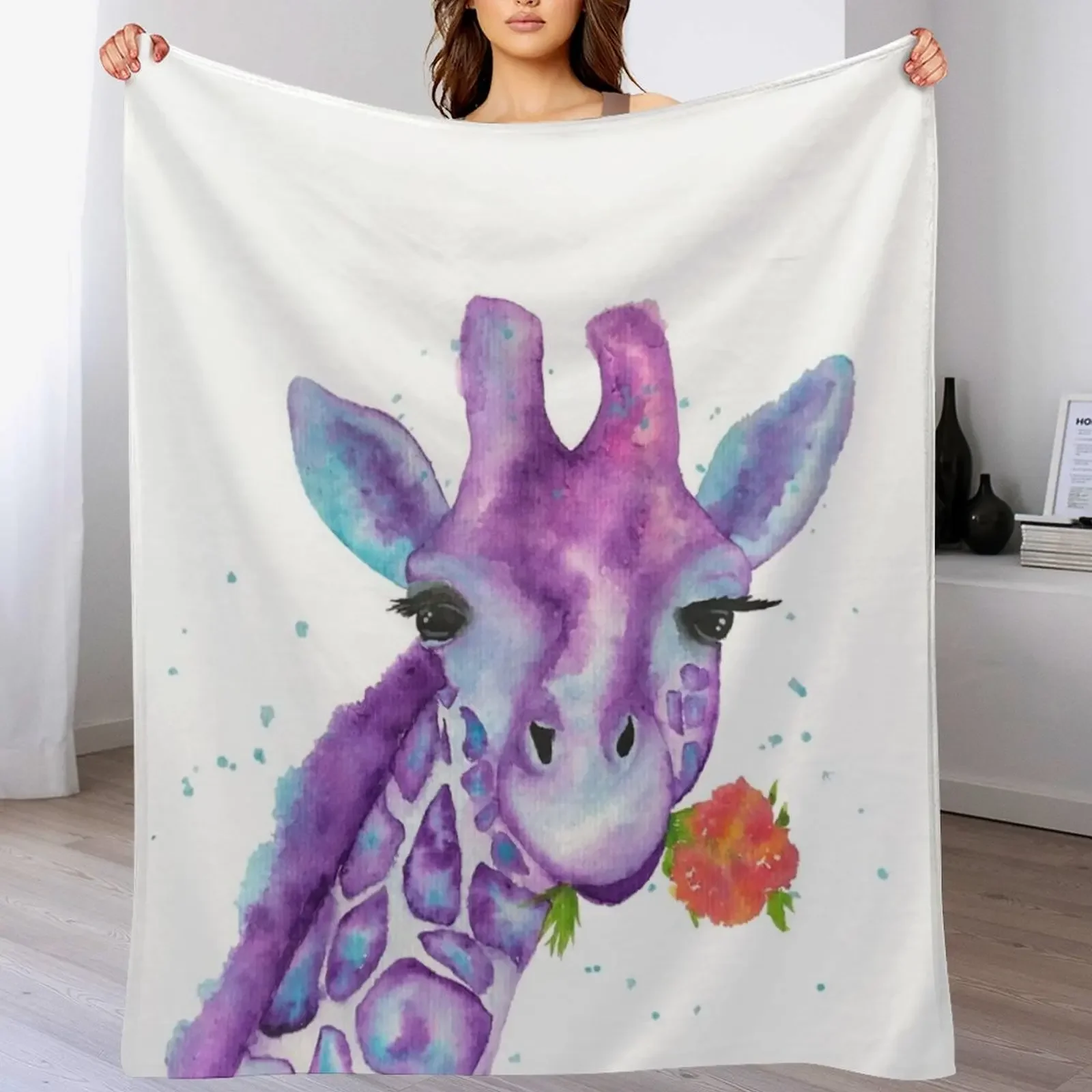 Zoya, the Purple Giraffe Watercolor Throw Blanket Stylish Decor Blanket Gift for Friends Roommate