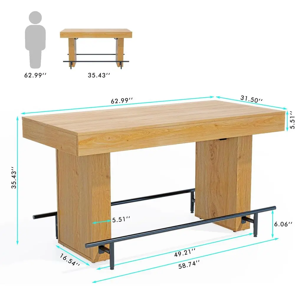 Farmhouse-Style 63 Rectangular Counter-Height Bar Table for 4-6, Suitable for Kitchen and Dining Area