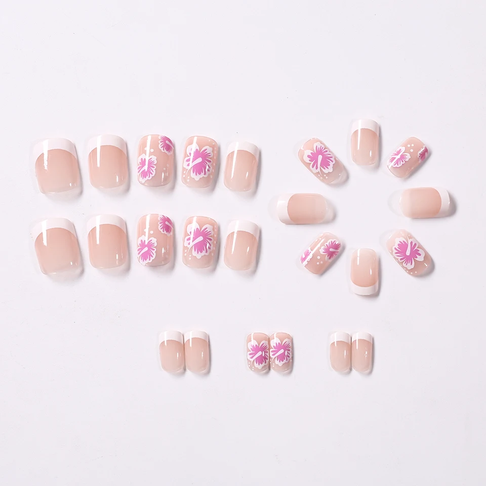 24 uñas postizas cuadradas cortas rosas con flores blancas estilo francés hibisco floral uñas de presión cubierta completa 3
