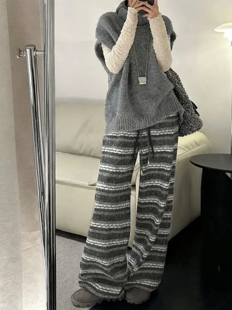 페어 아일 니트 와이드 레그 팬츠 여성용 겨울 루즈핏 기모 안감 트위드 스트라이프 캐주얼 스트레이트 레그 바지