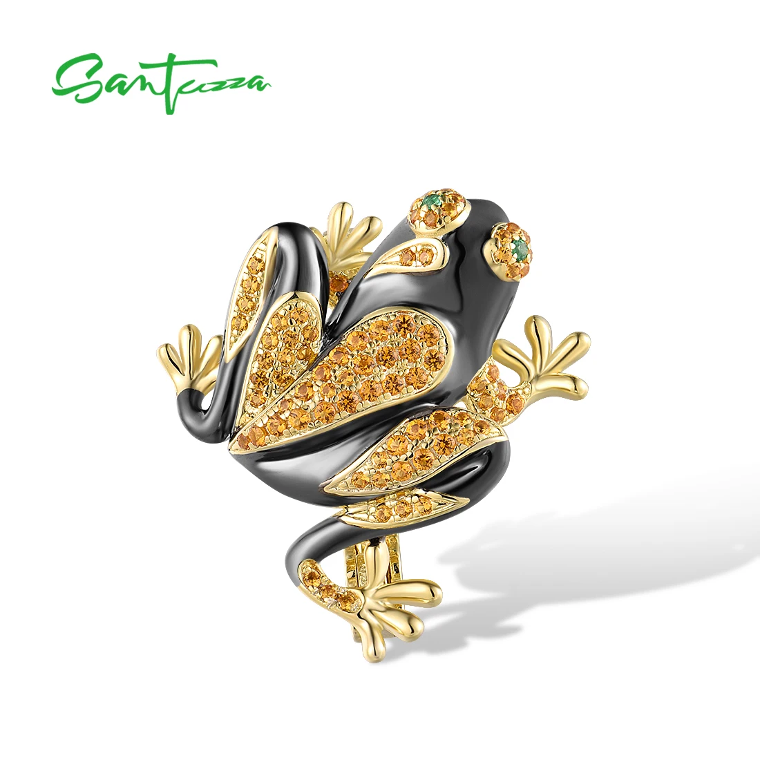 SANTUZZA Real 925 Silver Brooch For Women Sparkling Yellow Nano Crystal Black Enamel Creative Frog Chic Gifts Fine Jewelry