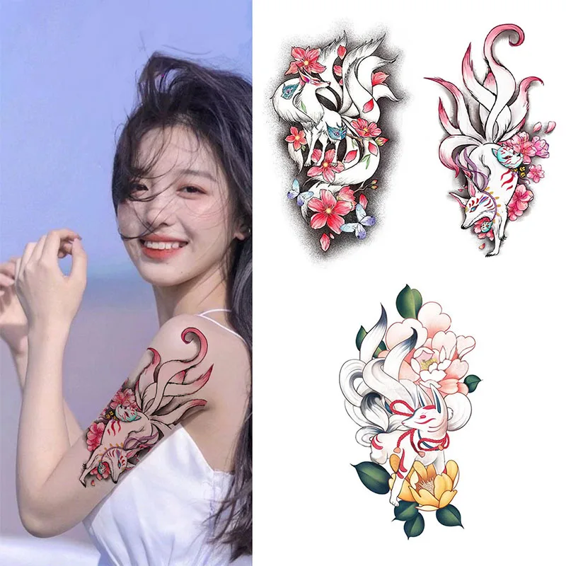 Waterproof Temporary Tattoo Sticker Female Society Nine-tailed Fox Ukiyo-e Ins Water Transfer Fake Tatoo Flash Tatto Woman Man