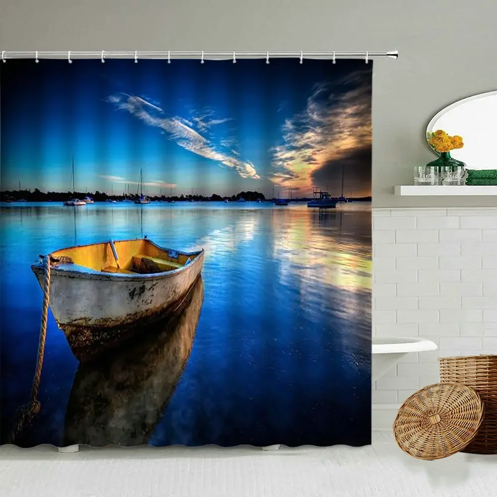 Nature Sunset Dusk Scenery Shower Curtains Ocean Wooden Boat Bathroom Decor Accessories with Hooks Waterproof Fabric Screen