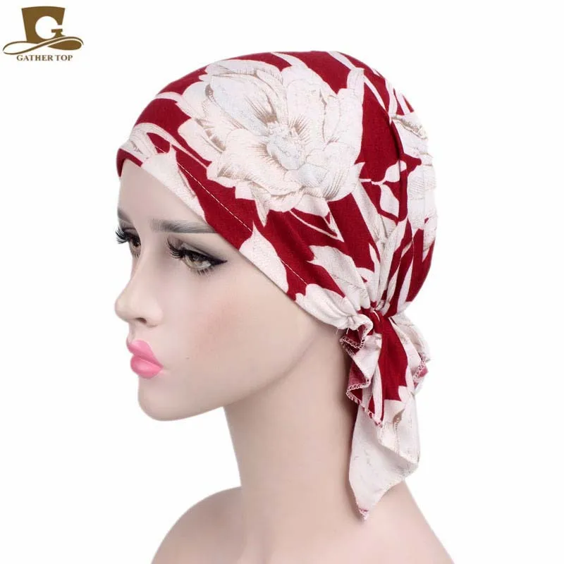 Solid Color Pre-tie Printed Turban For Women Wide Band Beanies Female Stretch Bandana Headwear Night Sleep Hats Cancer Chemo Cap