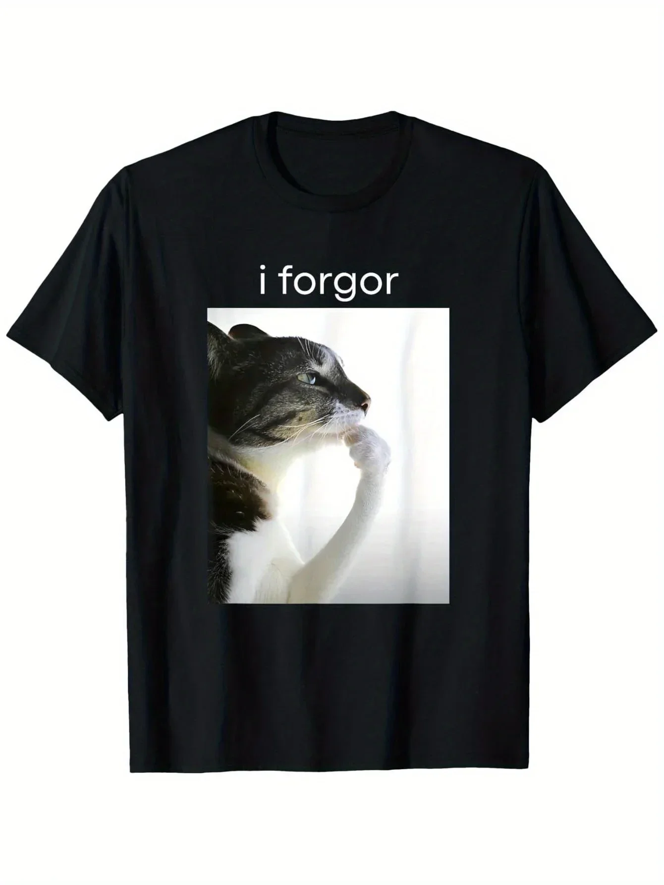 Funny Silly Cat Meme I Forget Cringe Brainrot Graphic T-Shirt Round Neck Short Sleeve Tops Casual Wear Women Clothing Y2K Outfit