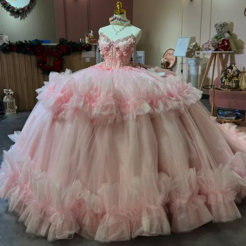 

Shiny Pink Quinceanera Dress crystal Sequins Decal Lace layering Long tail Bow Vestidos De 15 Quinceanera ﻿Customize