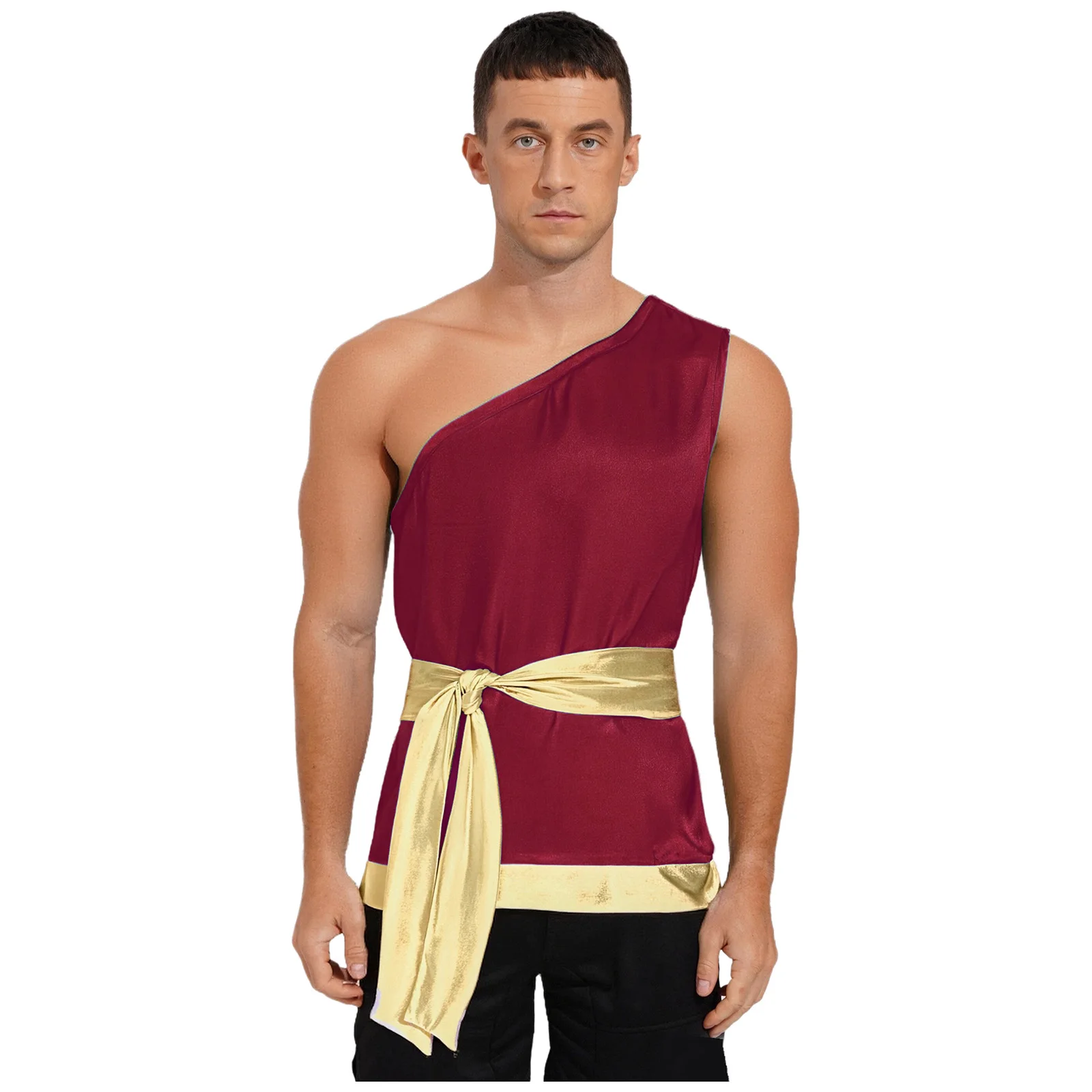 

Men Liturgical Praise Prince Top with Waist Belt Sleeveless Satiny Shirt Top for Worship Medieval Roman Warrior Cosplay Tops