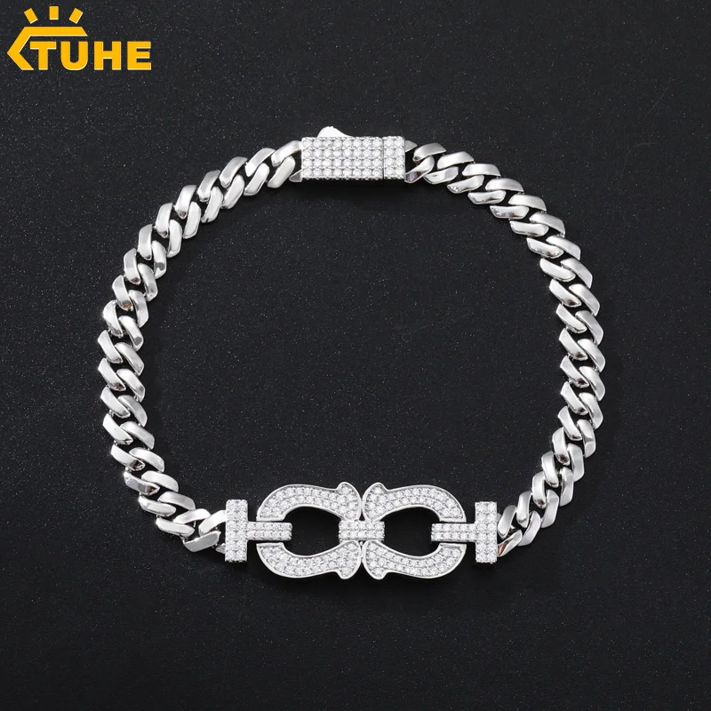 

TUHE Silver Plated Copper Cuban Link Bracelet Iced Out Cubic Zirconia Double Horseshoe Charm For Men Hip Hop Jewelry Party Gift