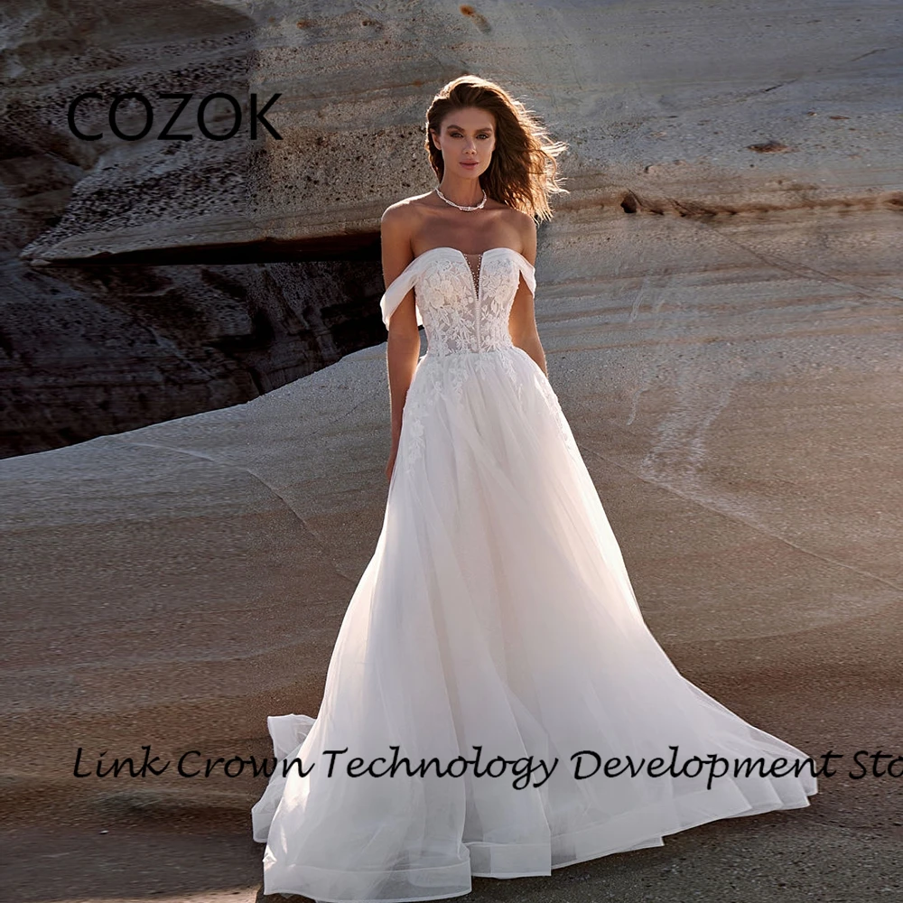 

COZOK Gorgeous Off Shoulder Wedding Dresses with Lace Strapless Soft Tulle Ivory Bridal Gowns 2024 Summer Vestidos De Novia New