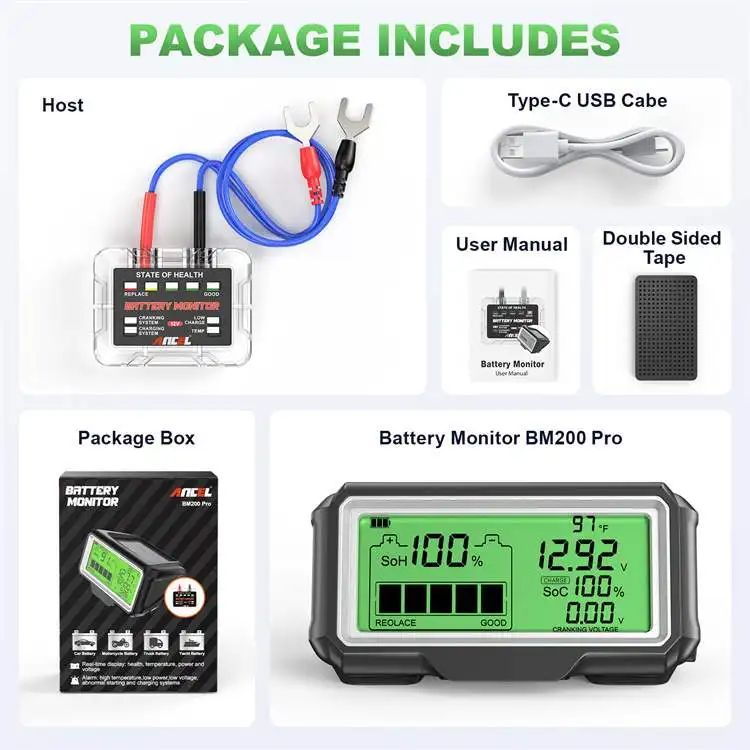 BM200 PRO 12V LED Car Battery Tester SOH SOC Rechargeable Battery Analysis Tool