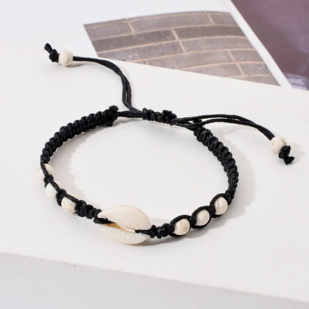 Pulsera tejida de concha de estrella de mar de verano, cuerda de cera ajustable Unisex, tobillera con cuentas turquesas, pulsera para mujeres y hombres, joyería de playa Bohemia