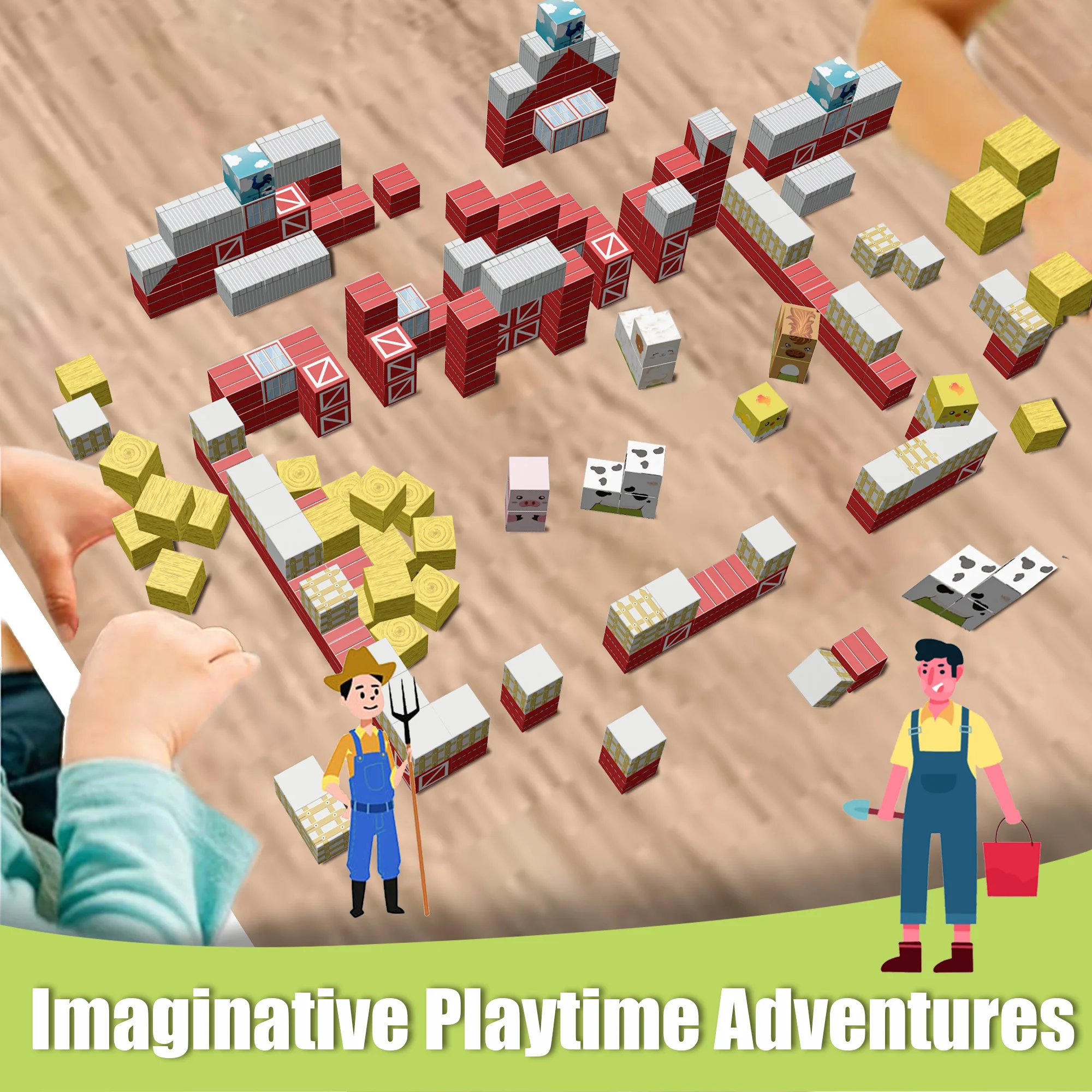 73個の磁気ファームビルディングブロックセット、牧場動物STEMおもちゃ、3～8歳の子供向け、教育納屋&フェンス建設キット、Gi