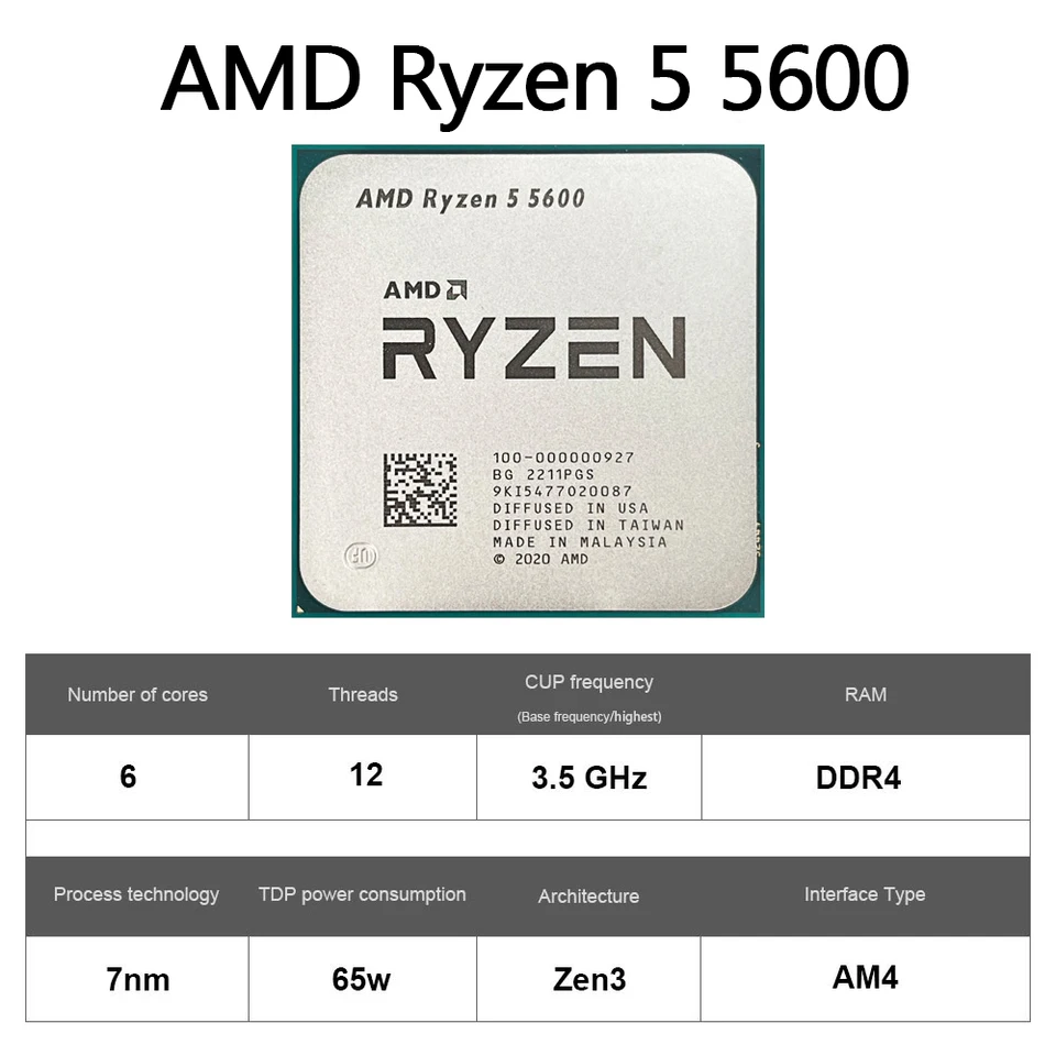 AMD Ryzen 5 5600 CPU AMD R5 5600 Processor 4.4GHz 6-Core 12-Thread