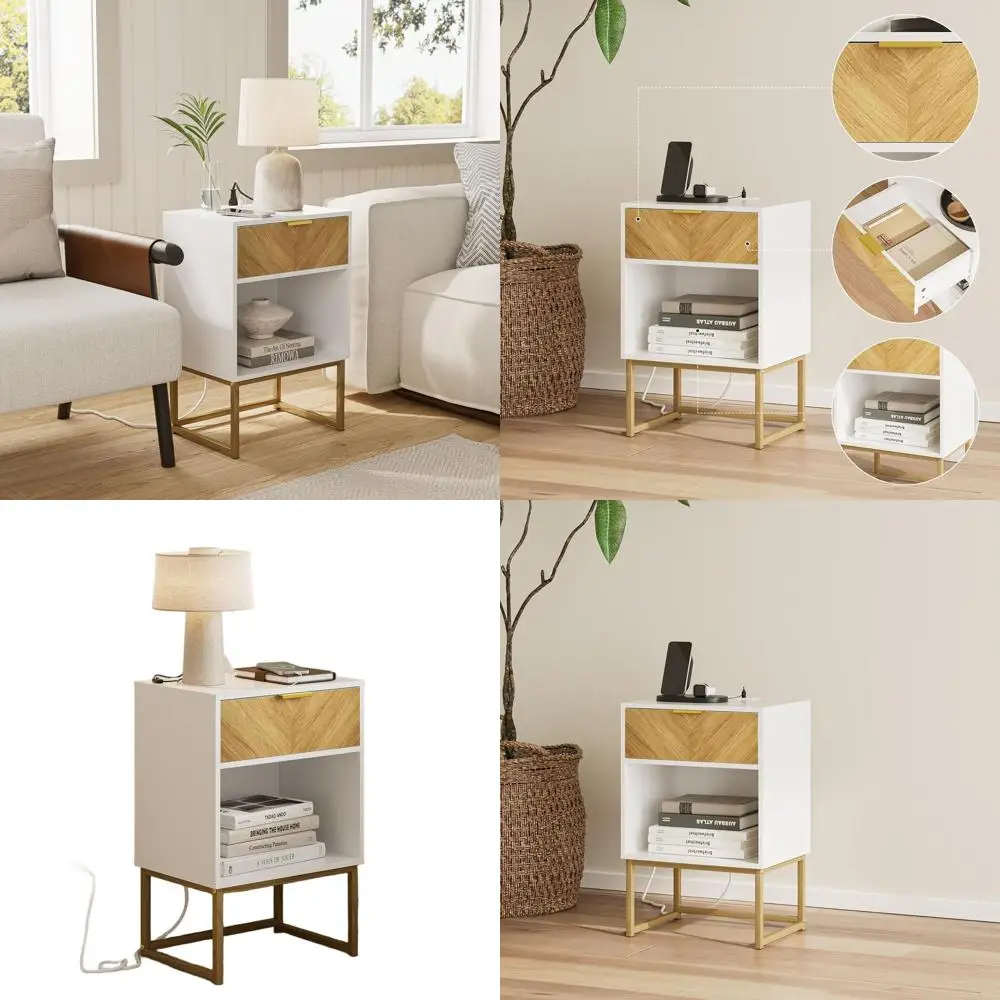 

Contemporary Farmhouse Nightstand with Charging Port, Storage Drawer, and Outlet - White Bedside Table for Bedroom, Living Room,